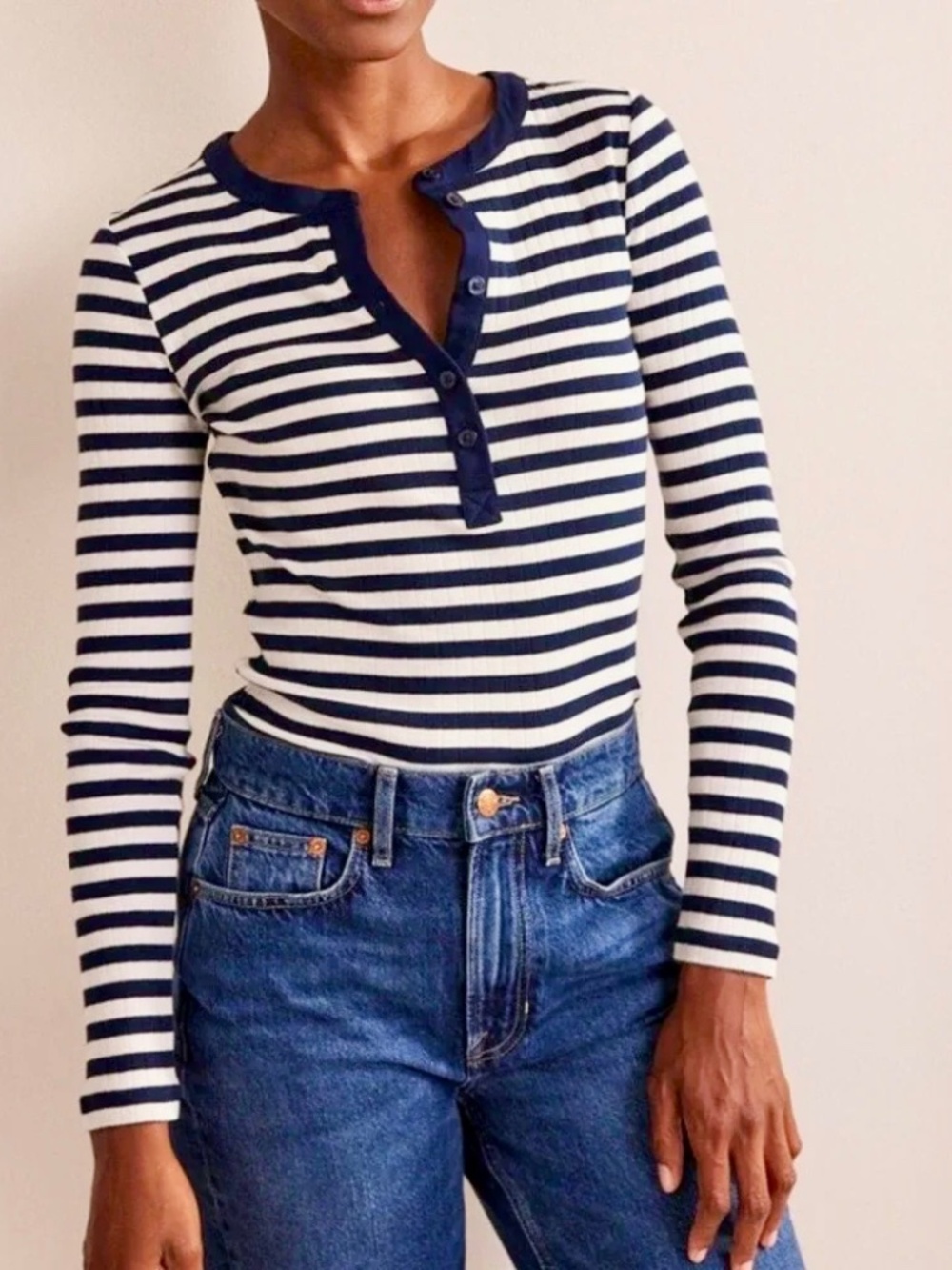 Boden Anna Ribbed Striped Henley Navy White Cotton Top Sz 10